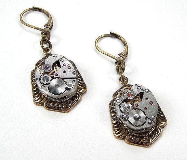 Steampunk Jewelry Earrings Neo Victorian Ruby Jeweled Watch Movement Wedding Anniversary Mother's Day - Steampunk Jewlery by edmdesigns