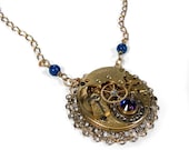 Steampunk Jewelry Necklace Vintage Gold Etched Pocket Watch Blue COBALT Beads GORGEOUS Statement Necklace - Steampunk Jewelry by edmdesigns