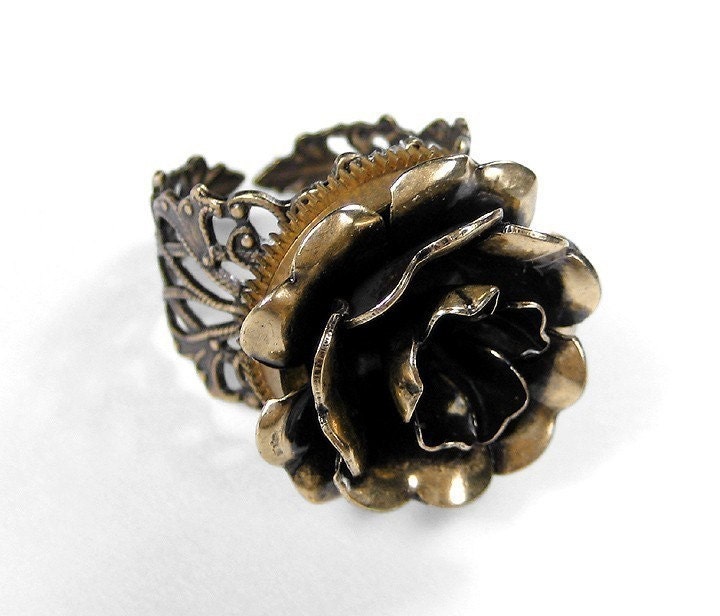 Steampunk Ring Jeweley by edmdesigns Vintage Pocket Watch Part - Golden ROSE Filigree Ring Featured in WOLFRAM Fashion Magazine Great Gift