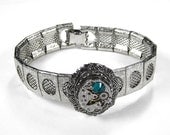 Steampunk Jewelry Bracelet Silver TEXTURED Vintage Jeweled Watch Movement SWAROVSKI Turquoise Crystal - Steampunk Jewelry by edmdesigns