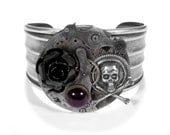 Steampunk Jewelry Cuff Vintage Watch Parts Silver Adjustable Bracelet GRUNGED Gears Black Rose Skull Bones Garnet - Steampunk by edmdesigns