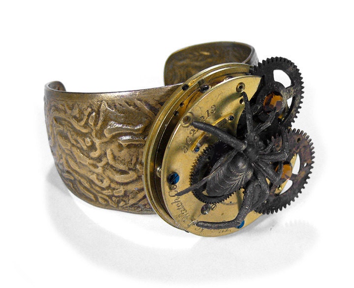 Steampunk Jewelry Cuff Vintage Industrial Pocket Watch SPIDER & GEARS Adjustable Brass Cuff STATEMENT Cuff - Steampunk Jewelry by edmdesigns