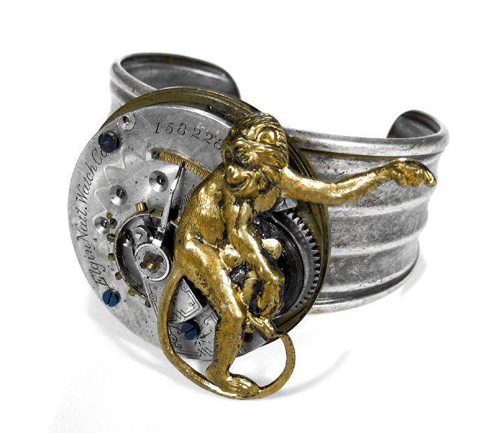 Steampunk Jewelry Cuff Bracelet Silver Elgin Pocket Watch Etching Parts BRASS MONKEY Steam Punk COOL - Steampunk Jewelry by edmdesigns