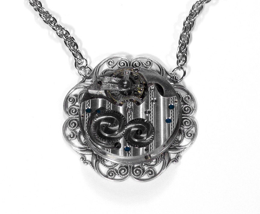 Steampunk Jewelry Necklace Vintage Etched Pocket Watch PINSTRIPED Wedding Anniversary Steam Punk STRIKING BEAUTY - Steampunk by edmdesigns