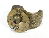 Steampunk Jewelry Cuff Vintage Jeweled Pocket Watch Adjustable Bracelet Railway Time BEETLE Carved GARNET - Steampunk Jewelry by edmdesigns