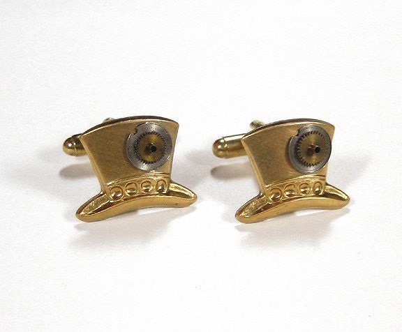 Steampunk Jewelry Cufflinks Vintage Brass TOP HAT Watch Gears Cuff Links Men's Steam Punk Wedding Groom - Steampunk Jewelry by edmdesigns