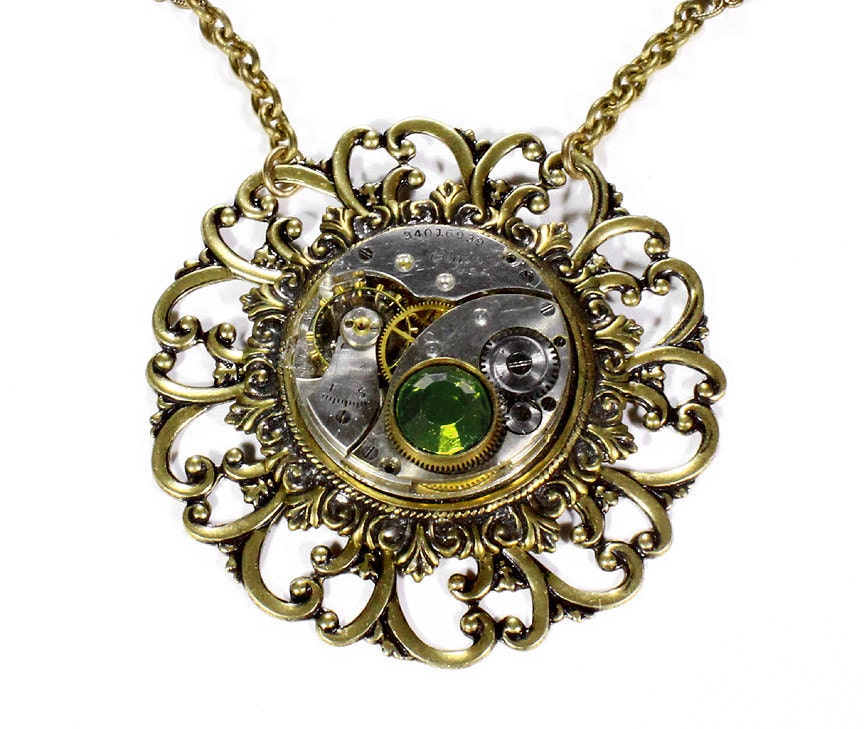 Steampunk Jewelry Necklace Vintage ELGIN Pocket Watch Gold Necklace Peridot Green Crystal Mothers Day BEAUTIFUL - Steampunk by edmdesigns