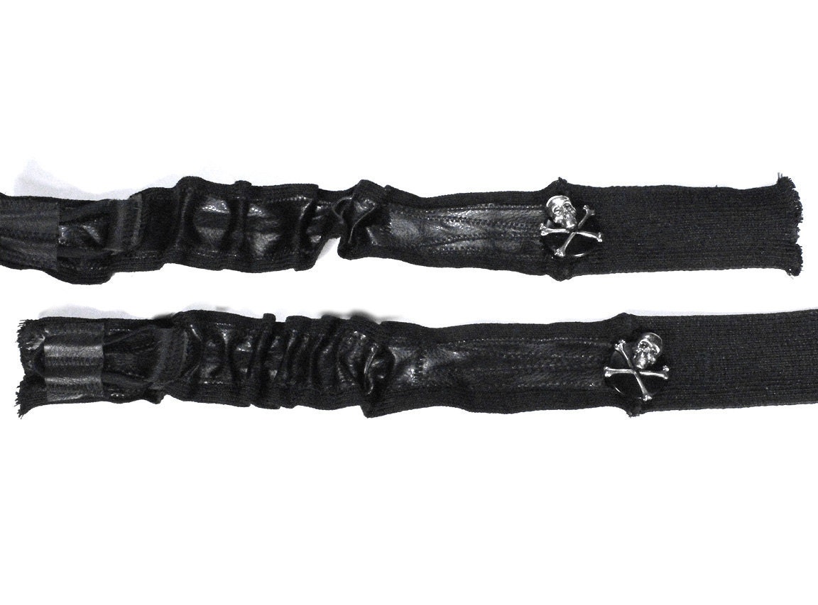 Steampunk Shirt Garters - Sleeve Garter Black Leather Silver Skull Bones Gothic ROCKER Wedding Garters - STEAMPUNK CLOTHING by edmdesigns