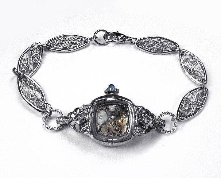 Steampunk Bracelet Vintage BULOVA Watch Mechanism Sterling Silver Case Bracelet DIAMOND Sapphire Accents - GORGEOUS Steampunk by edmdesigns