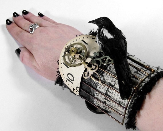 Steampunk Cuff Hardcore GOTHIC Wrist Cuff Black Leather 3D Raven Cage Clock Text Transfer AWESOME - Steampunk Clothing by edmdesigns