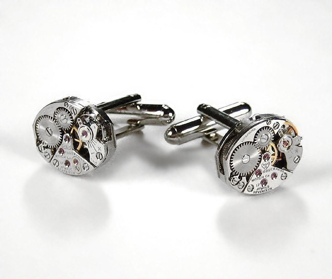 Steampunk Cufflinks Vintage Jeweled Watch Movement Oval Mens Cufflinks STUNNING Wedding Anniversary - Steampunk Jewelry by edmdesigns