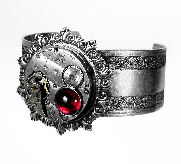 Steampunk Cuff Bracelet Vintage Womens Adjustable Cuff Bracelet Pocket Watch Wedding Anniversary LAST ONE - Steampunk Jewelry by edmdesigns
