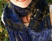 Scarf, Navy Blue and Green Scarf - Hand Knit, Warm 'Earth'