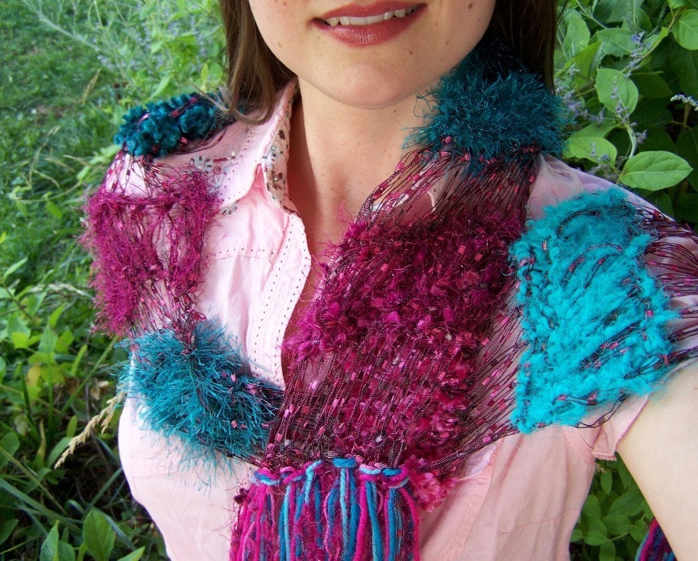 Skinny Scarf - Hot Pink Magenta and Turquoise Teal See Through Lightweight Fashion Accessory with Sparkle Fringe