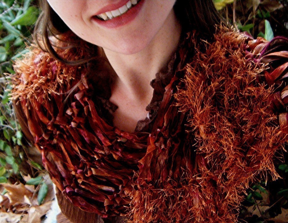 Cherries Flambe Handknit Ribbon Scarf - Copper, Rust, Brown, Red, Burgundy, Amber, Auburn