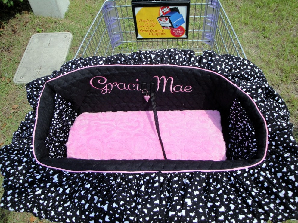 Shopping Cart Cover with Memory Foam Pad and Ruffled Blanket - Dogs - Pets - Custom Colors - Embroidery- Lampwork Bead Key Holder