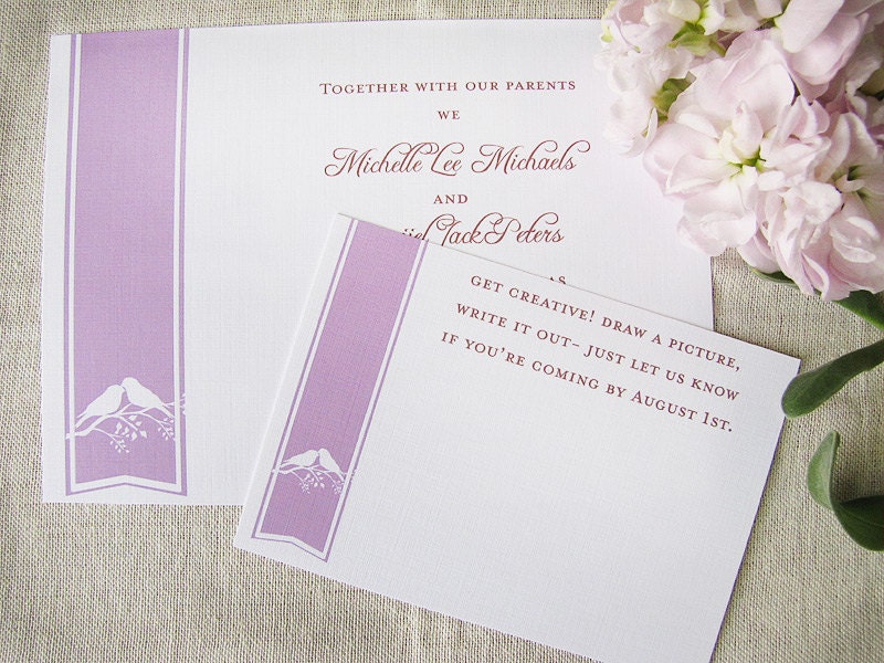 Mix and Match Wedding Invitations and RSVP postcard 10 Icons and 32 Colors- Lovebirds, sea horses, trees, vineyard