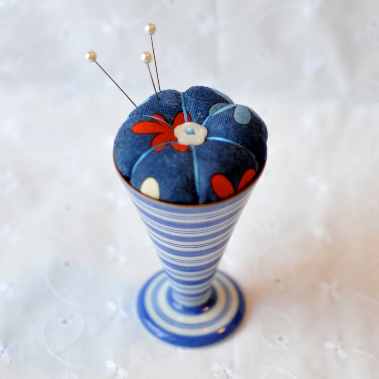 Pincushion - Red Blossoms in a Blue Striped Egg Cup