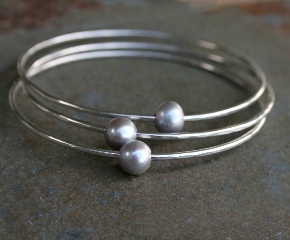 Gray Pearl Sterling Silver Bangles, Stackable Set of 3, Grey Pearl, Stacking Bracelets