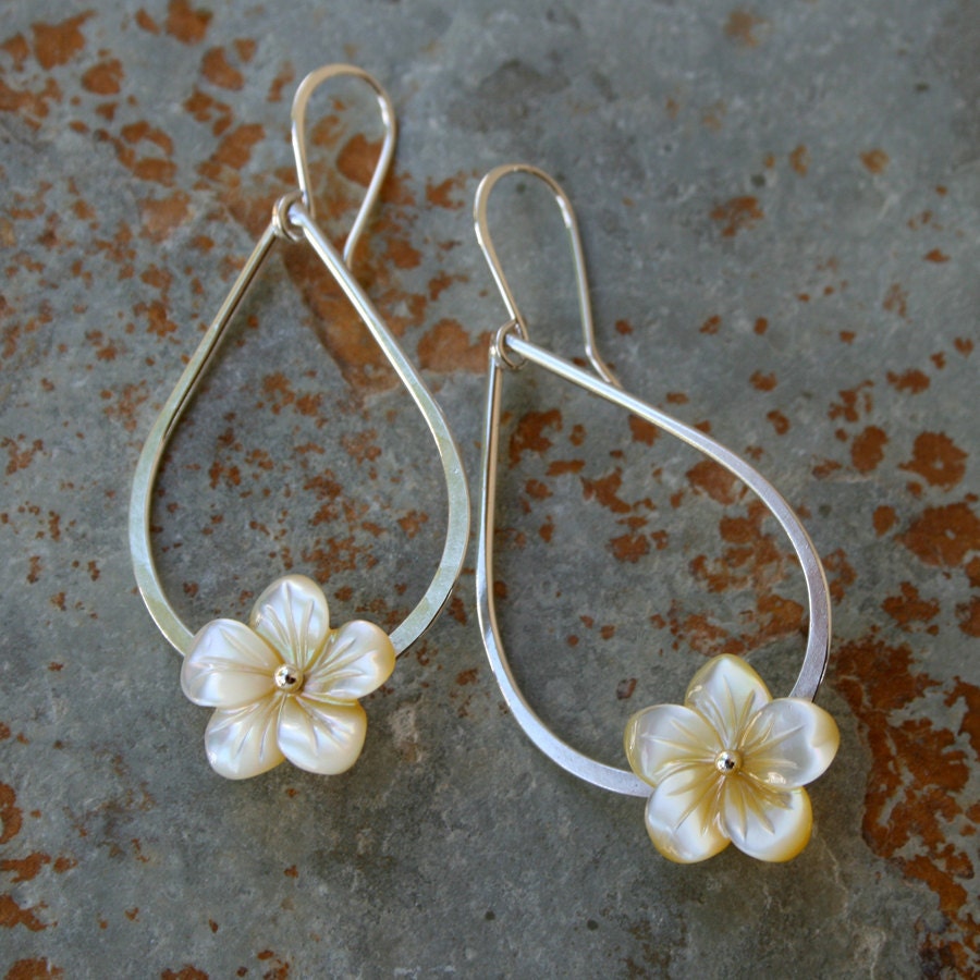 Plumeria Teardrop Sterling Silver Earrings, Hawaiian Frangipani, Mother of Pearl Carved Shell Flowers