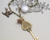 Love Key Pendant Necklace, Key Necklace, Love Necklace, Bird Charm Necklace, Brass Key Necklace, Vintage Style