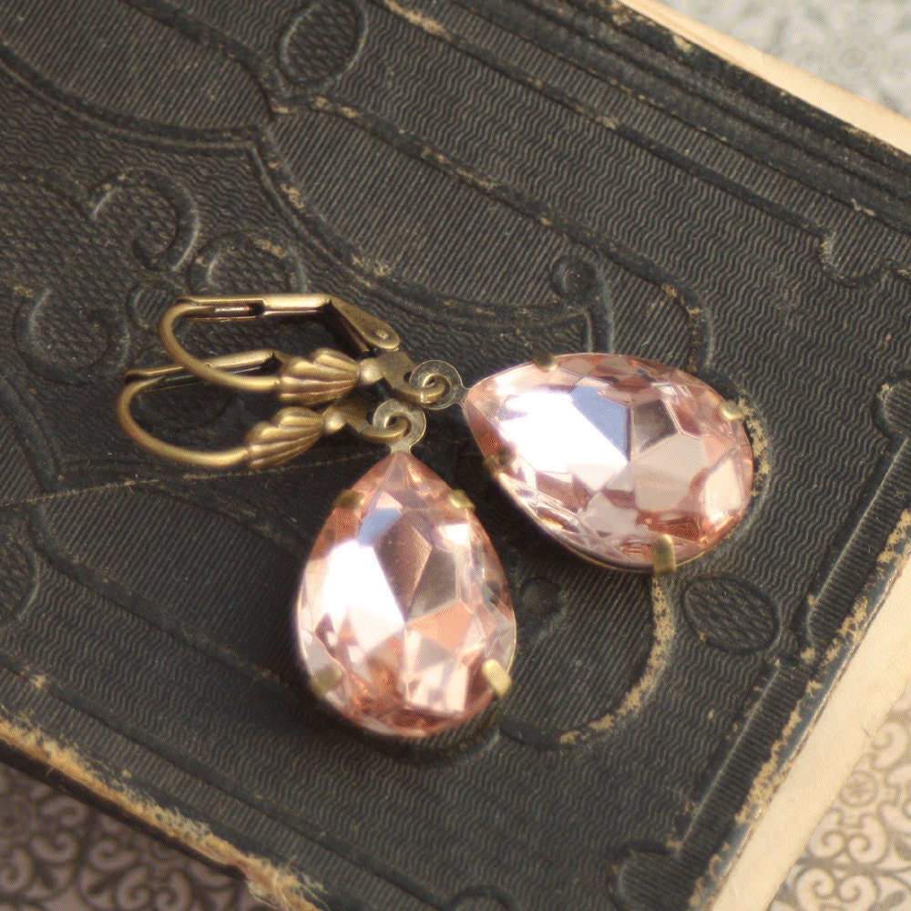 Drop Earrings, Peach Rhinestone Drop Earrings, Bridal Rhinestone Drop Earrings, Weddings, Rhinestone Dangle Earrings, Pear Shaped Drop
