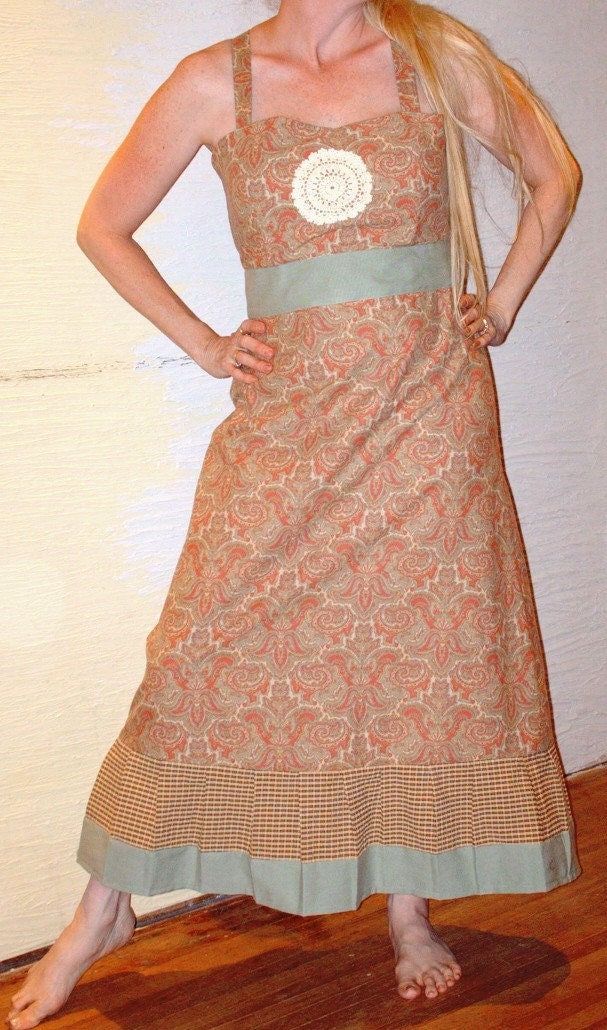 Handmade Apron Dress Brown Green Dress Unique Clothing Paisley Pattern Vintage Hand Crocheted Applique Very Pretty