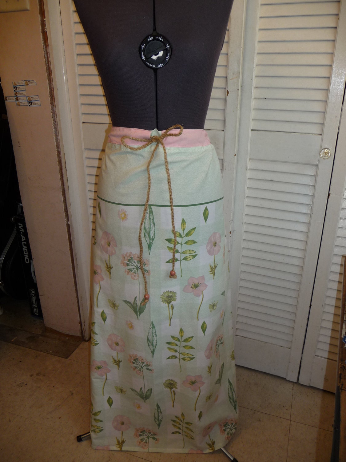 Long Skirt Handmade Skirt Unique Clothing Recycled Fabrics Drawstring Waist Beads Flowers Pink Pretty Spring Summer Skirt