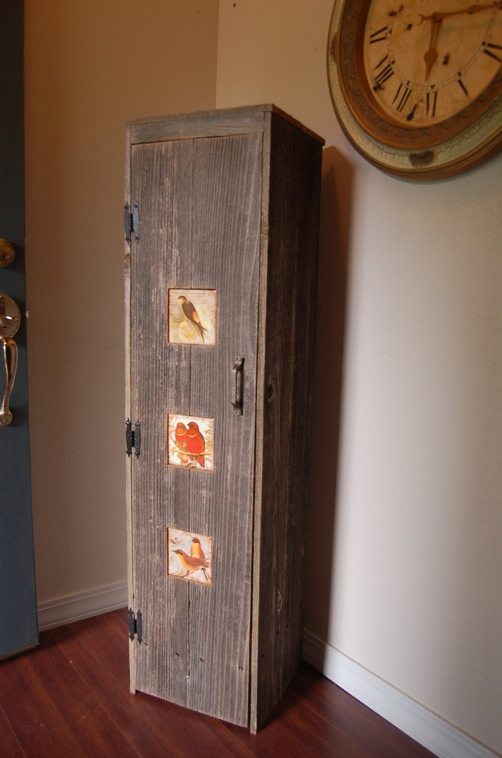 Wood Pantry Storage Cabinet. LOVE BIRD Tiles :) Wooden Cabinet. Wood Cabinet. Reclaimed Wood Furniture. Kitchen Pantry Cabinet