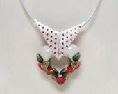 Jewelry Necklace hollow heart pendant handmade of polymer clay with beadwork bail white by Artefyk