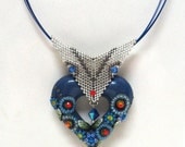 Jewelry necklace Denim blue and silver polymer clay hollow heart pendant handmade by artefyk