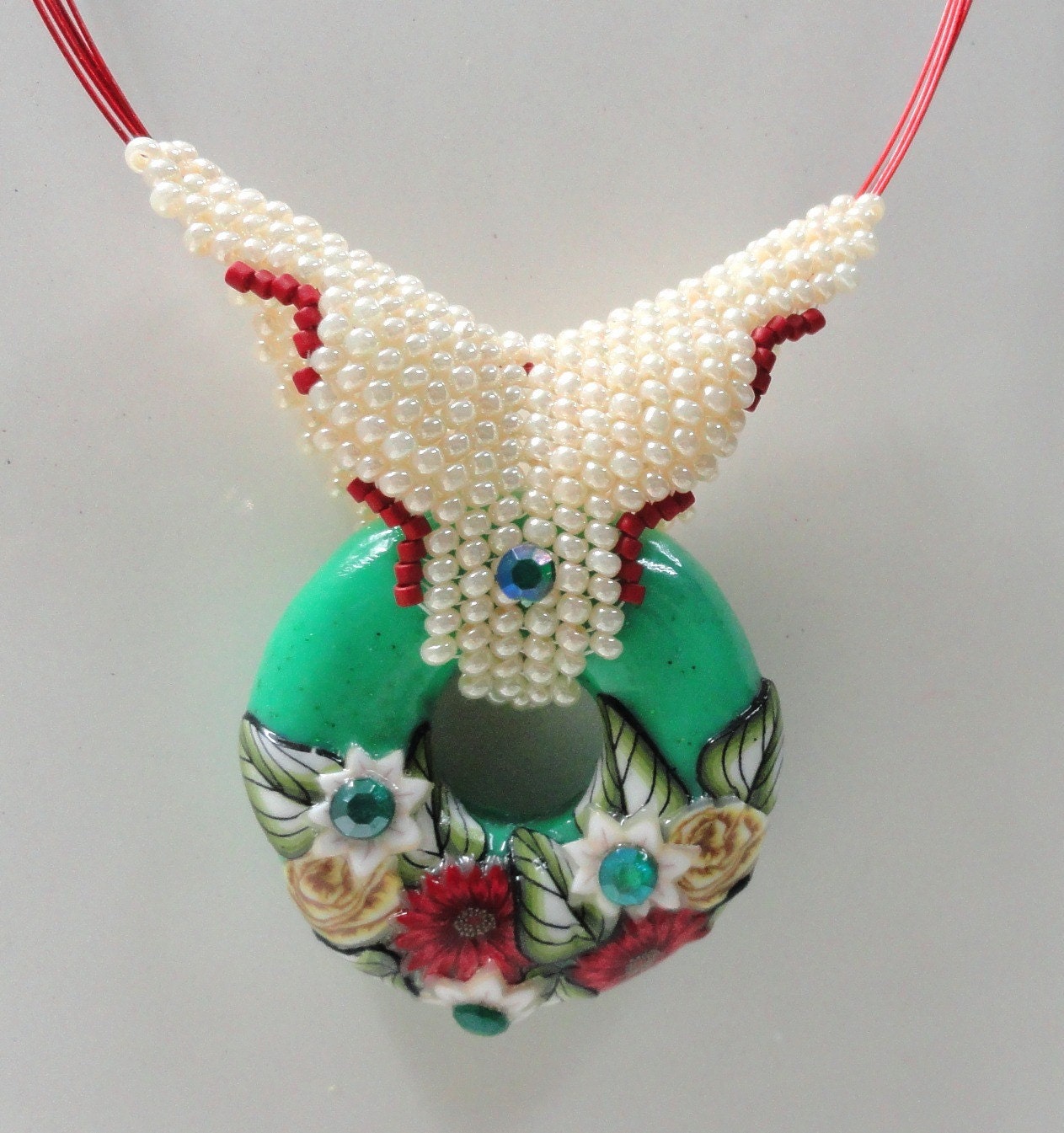Jewelry necklace handmade of polymer clay bagel pendant in green, beadwork bail by  Artefyk