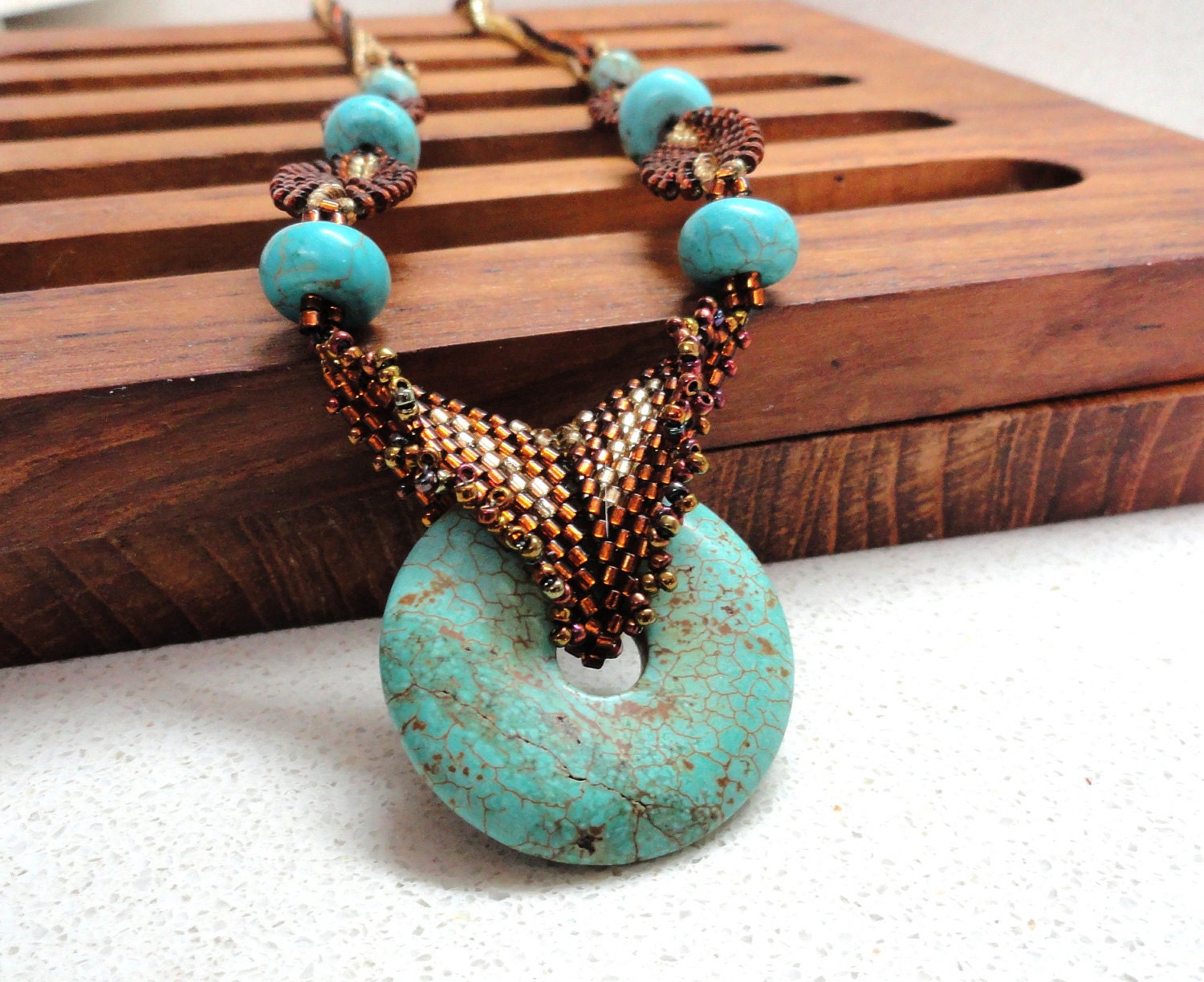 Jewelry necklace Turquoise Gemstones handmade beadwork  bronze and gold beads by artefyk