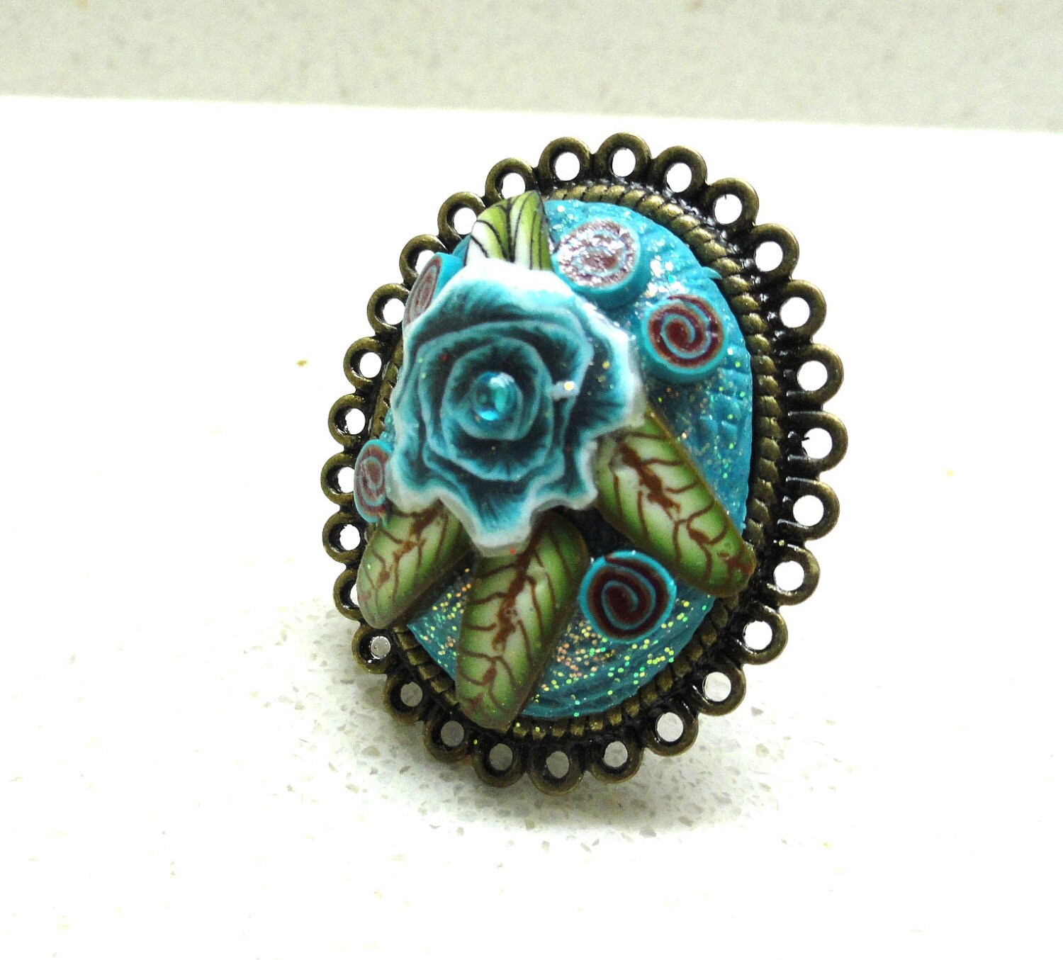 Jewelry Ring handmade turquoise polymer clay on filigree bronze base adjustable by Artefyk