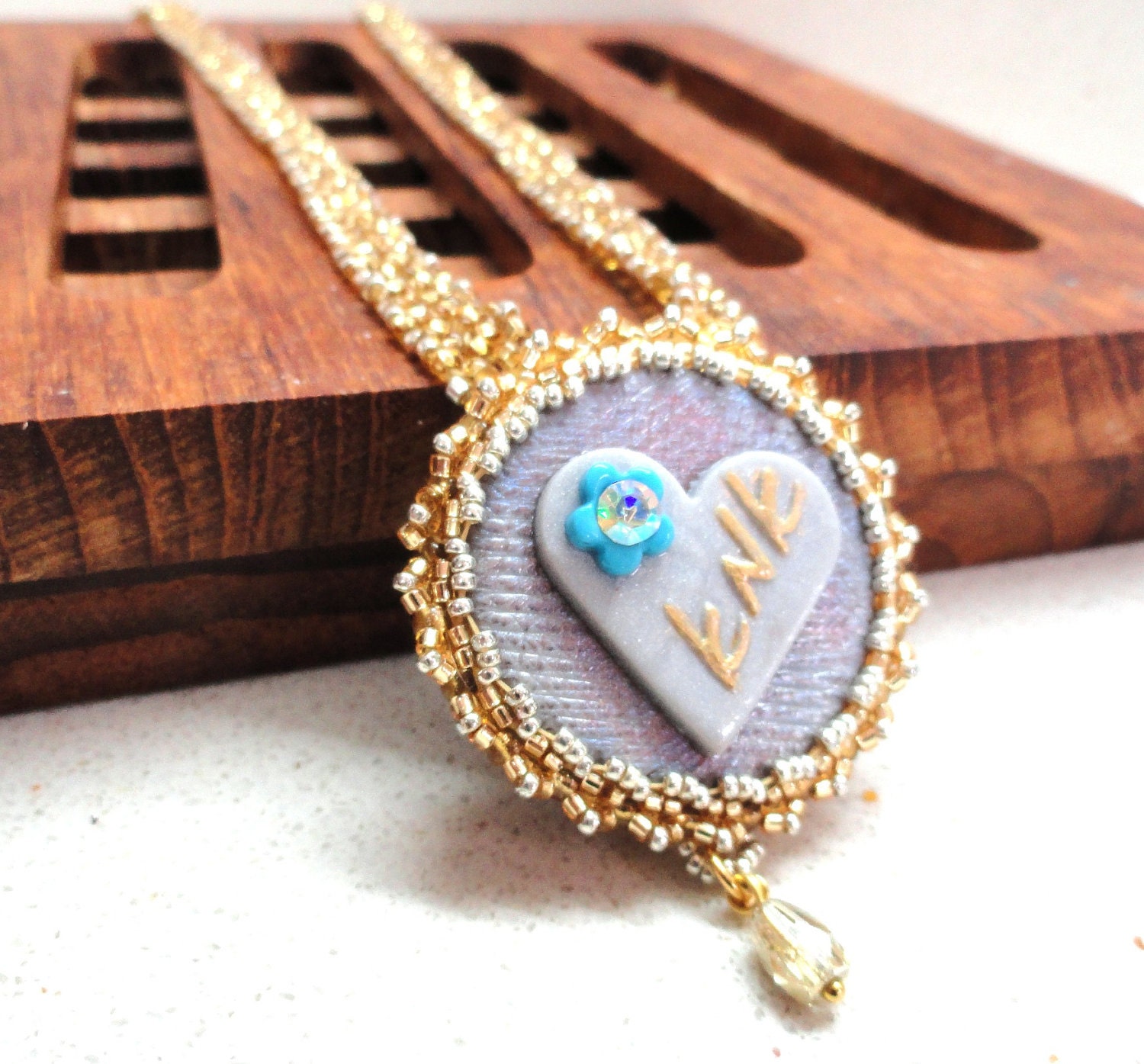Necklace, Jewelry women MOM beadwork, polymer clay pendante, silver, gold handmade by artefyk
