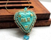 Pendant jewelry MOM necklace handmade polymer clay turquoise hollow heart beadwork by artefyk