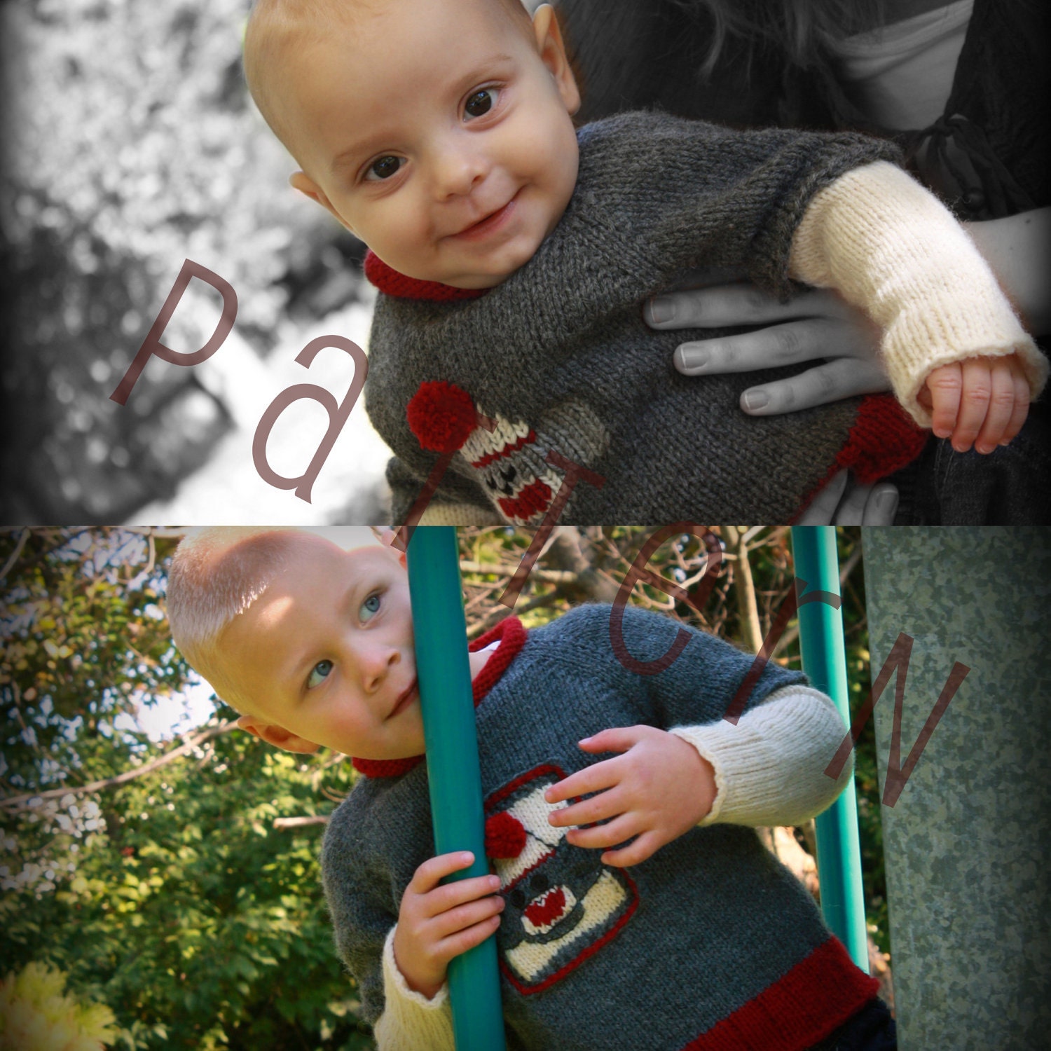Baby and Child Sock Monkey Sweater Patterns Sizes 3 mo - child's size 6 (pdf file)