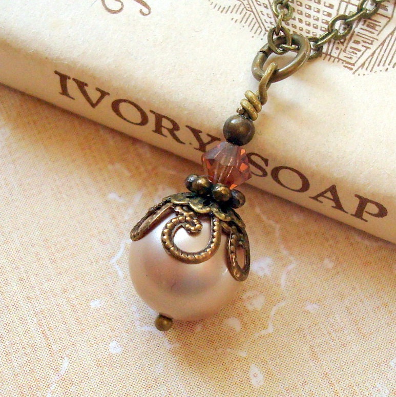 Pearl Pendant Necklace , Neo Victorian Jewelry , Antiqued Brass, Art Nouveau Style , Vintage Inspired , Powder Almond Swarovski Pearl