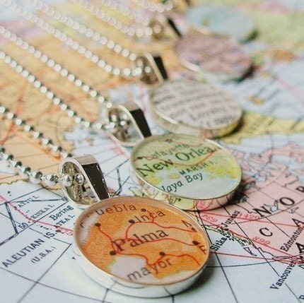 Vintage Map Sterling Silver Round Necklace.  You Select the Journey.