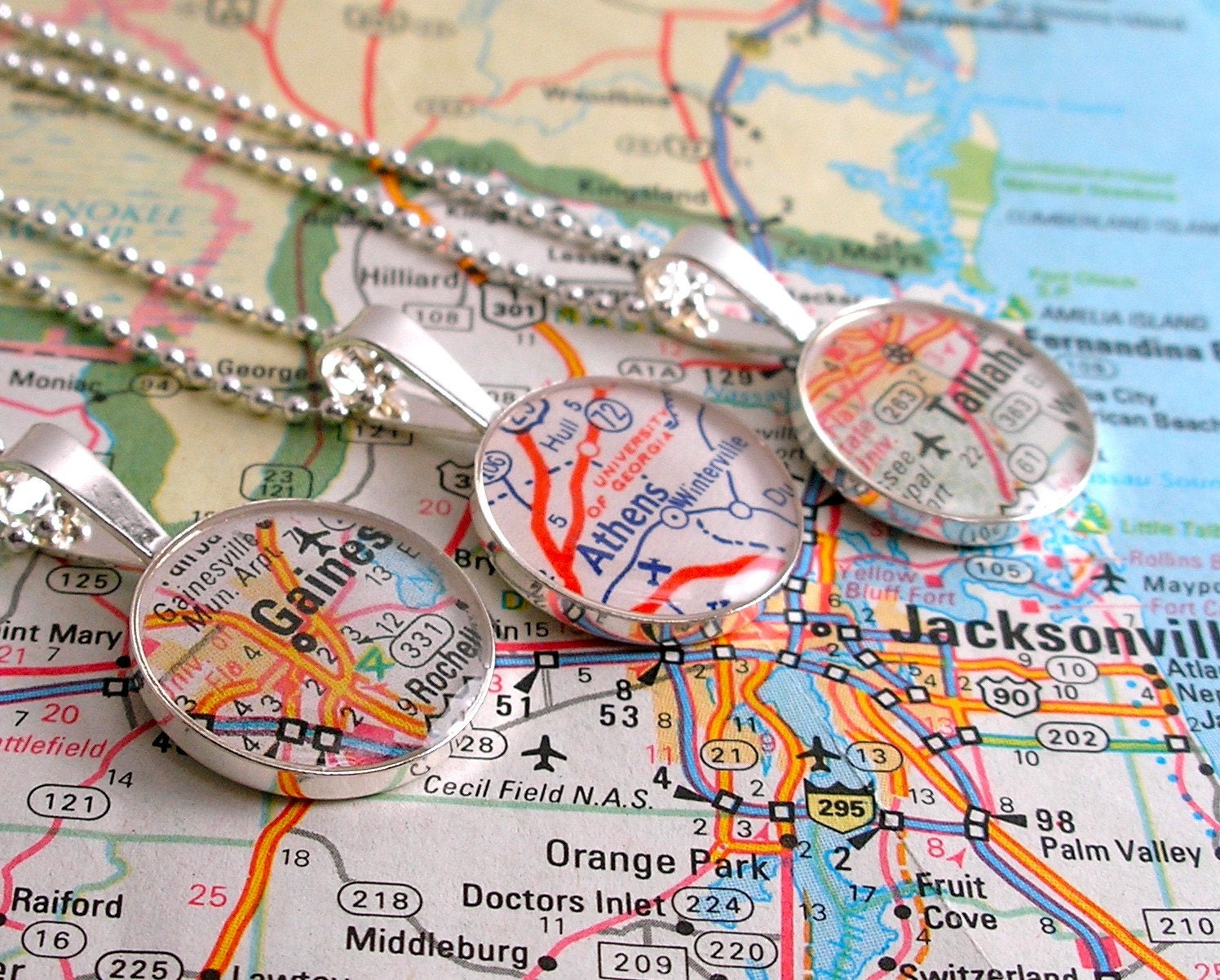 University of Florida Vintage Map Sterling Silver Round  Necklace.