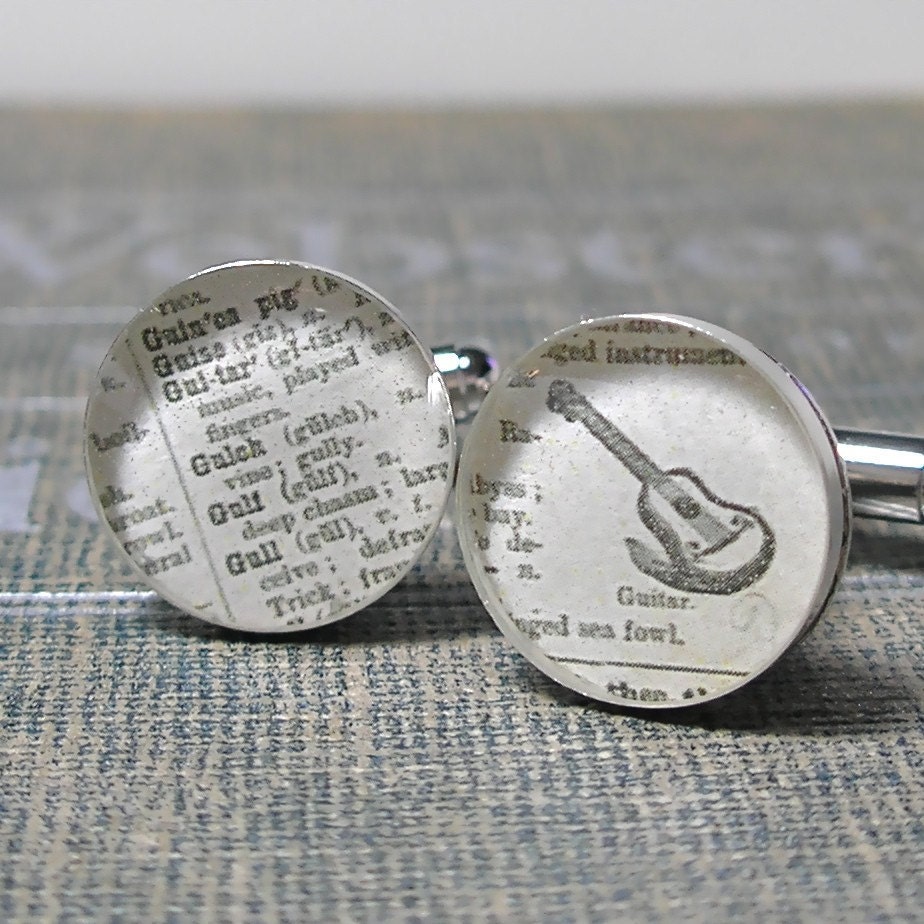 Vintage Dictionary Sterling Silver Round Cufflinks. Guitar