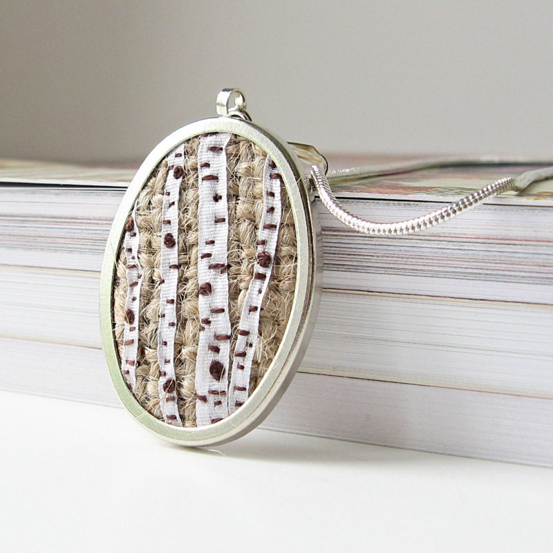 Birch Trees Necklace Pendant silk ribbon embroidery embroidered necklace - bstudio
