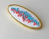 Aqua and Coral Brooch hand embroidered silk ribbon