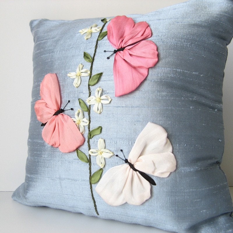 Butterflies Ring Pillow embroidered silk ribbon blue and coral