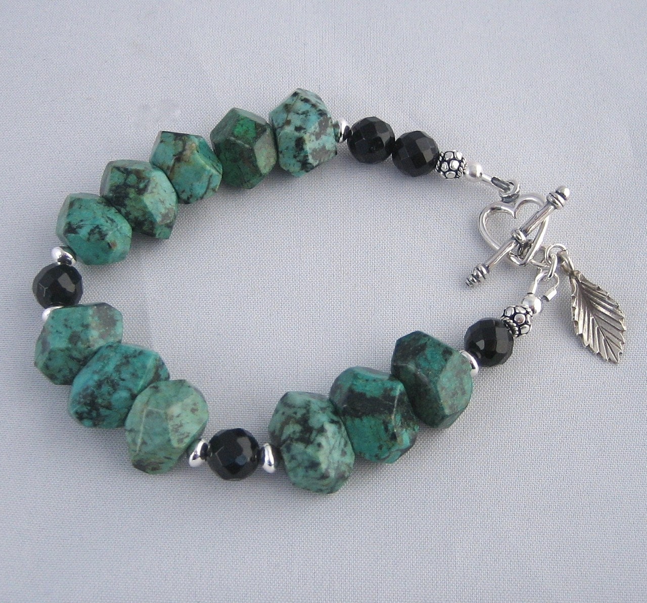 African Turquoise and Onyx Chunky Faceted Nugget Bracelet