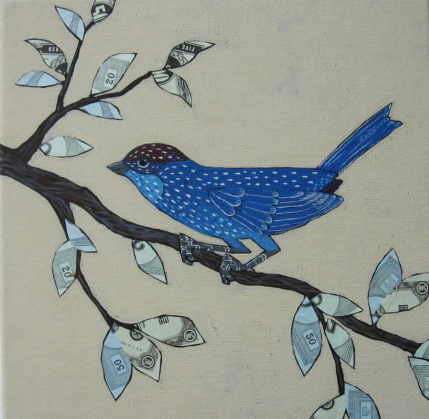 Original Folk Art Painting with Vintage Paper Collage "Blue Bird in the Money Tree" - digiliodesigns