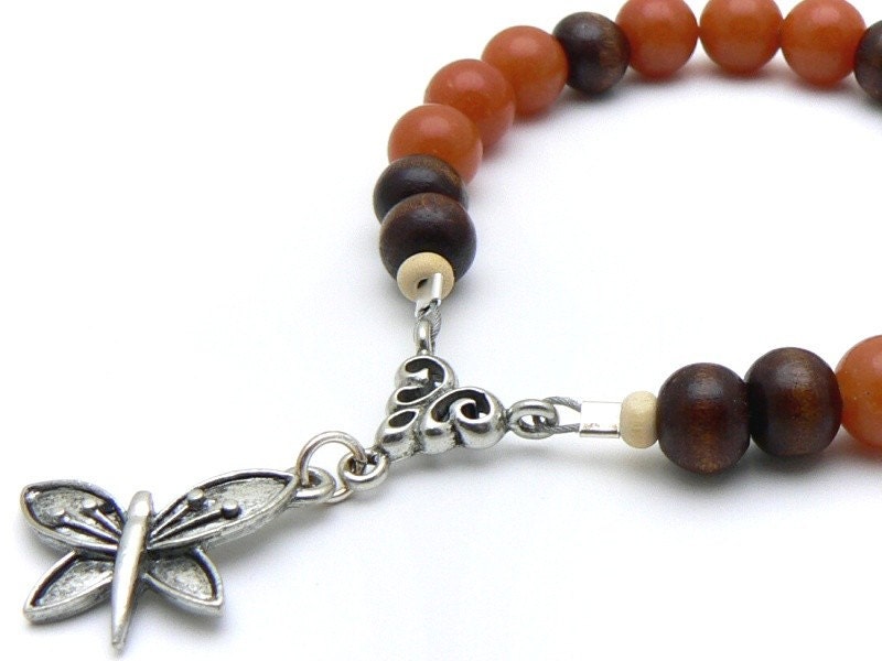 Twelve Step Prayer Beads Brown Wood and Orange Carnelian with Butterfly