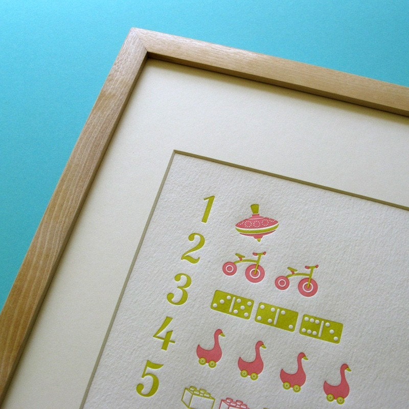 Letterpress counting poster in green and pink