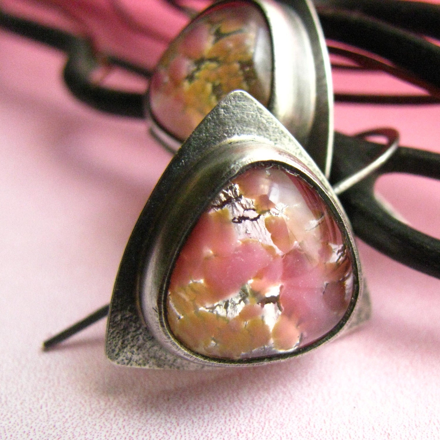 Sterling Silver Earrings With Pink Opal Vintage Japanese Glass Cabochon Artisan Jewelry