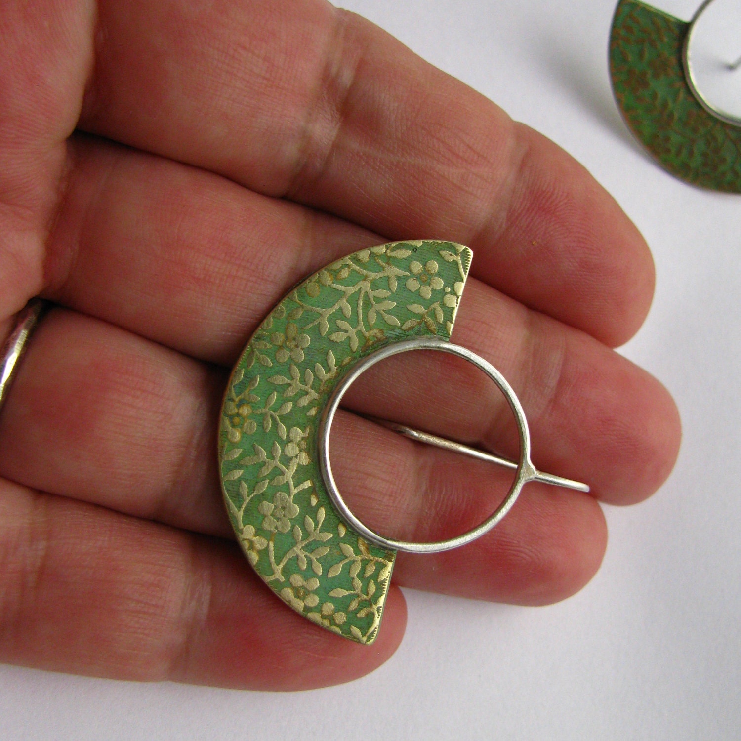 Mixed Metal Floral Verdigris Earrings - Green Patina Earrings - Brass And Sterling Silver Modern Contemporary Jewelry